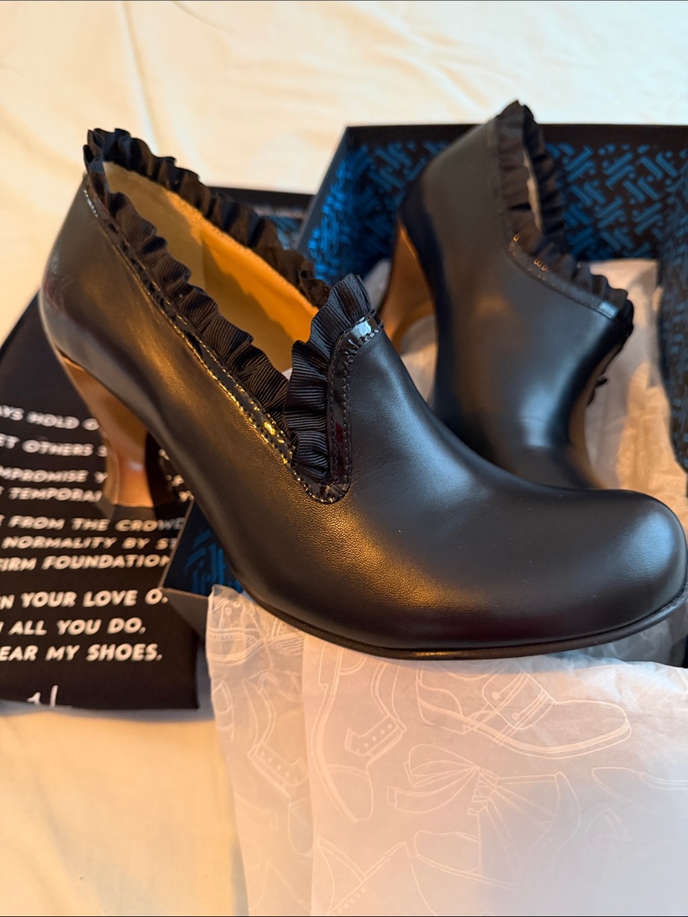 John Fluevog Black Ruffle-Trim Leather Pumps